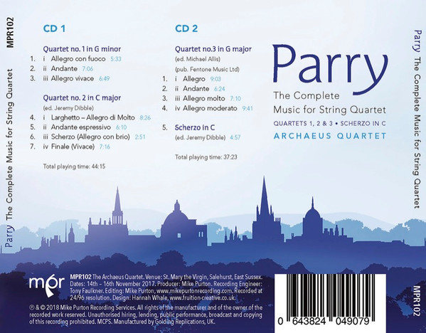 CD back cover of the String Quartets by Hubert Parry from the Archaeus Quartet on MPR